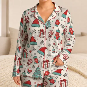 Christmas Candy Gifts Santa Hats and Trees Festive Cozy Holiday Loungewear for Women Satin Pajamas Set