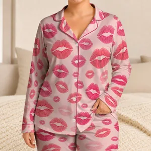 Coral Lipstick Kiss Motifs for Cozy Bedtime Relaxation, Romantic At-Home Gift Giving Satin Pajamas Set
