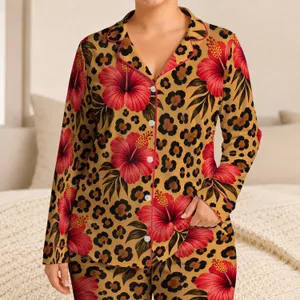 Hibiscus Leopard Rosettes for Tropical Bedtime Comfort, Women's Cozy Home Retreat Satin Pajamas Set