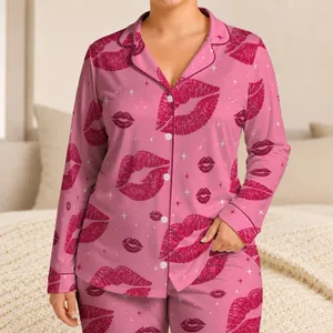 Bubblegum Pink Berry Lip Motif Valentine Lounge Set For Romantic Evenings At Home Satin Pajamas Set