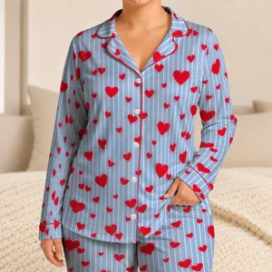 Blue Pinstripe Hearts Sleepwear Set For Cozy Lounging, Romantic Nights And Gifts Satin Pajamas Set