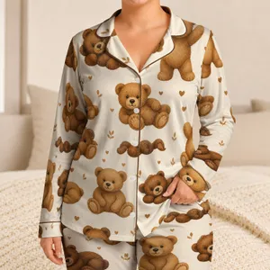 Vintage Teddy Bear Cozy Autumn Winter Comfort For Relaxing At Home And Holiday Gifting Satin Pajamas Set