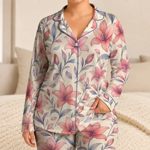 Coral Lily Floral Botanical Motif Home Lounge Set For Women, Long Sleeve Button-Up Satin Pajamas Set