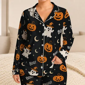 Cute Ghost Pumpkin Boo Halloween Lounge Set for Spooky Nights and Cozy Gift Giving Satin Pajamas Set