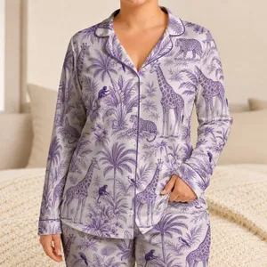 Purple Giraffe Safari Tropical Jungle Motifs for Relaxed Nighttime Lounging Women Satin Pajamas Set