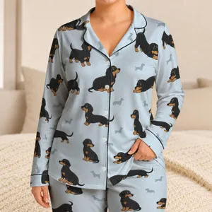 Black Dachshund Dogs with Tan Details Cozy Weekend Home Gift Idea for Dog Lovers Satin Pajamas Set
