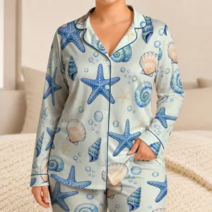 Blue Starfish And Seashells For Coastal Bedtime Comfort, Women's Lapel Top And Bow Shorts Satin Pajamas Set