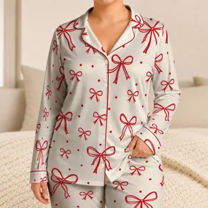 Charming Red Ribbon Bows And Dots For Festive Holiday Lounging, Women's Giftable Sleepwear Satin Pajamas Set