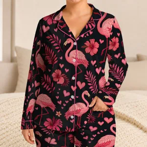 Pink Flamingo Hearts for Cozy Nights and Vacation Lounging, Women, Teens, and Friends Satin Pajamas Set