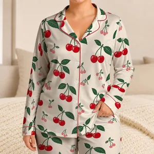 Cherry Orchard Fruit Motif Sleep Set For Cozy Lounging And Summer Gifting For Women Satin Pajamas Set
