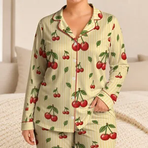 Cherry Pinstripe Garden Fruit Collared Button Up Shorts Set for Cozy Lounging at Home Satin Pajamas Set