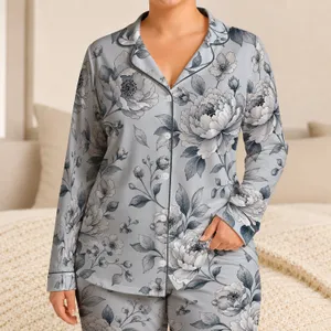 Monochrome Botanical Florals for Cozy Bedtime Lounging and Relaxed Home Evenings Satin Pajamas Set