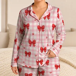 Red Ribbon Bows on Blush Gingham for Cozy Home Lounging, Relaxing, and Gift Giving Satin Pajamas Set
