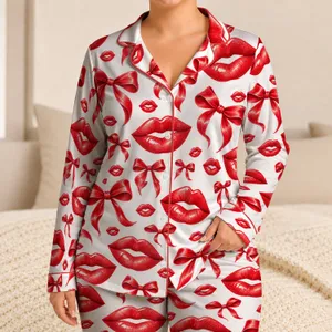 Glossy Red Lips And Ribbon Bows For Romantic Valentine Lounging And Gifting For Women Satin Pajamas Set