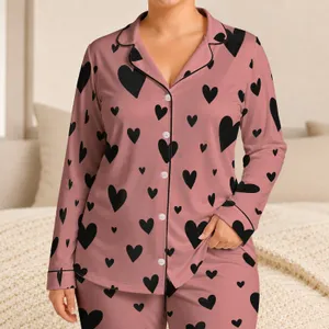 Dusty Rose Black Heart Motif Romantic Homewear Gift For Women And Valentine Lovers Satin Pajamas Set