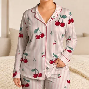 Cherry Stripe Vintage Picnic Two-Piece Lounge Style For Women, Cozy Summer Giftable Satin Pajamas Set
