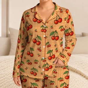 Cherry Gingham Fruit Motif Cozy Lounge Set For Women's Relaxed Summer Mornings At Home Satin Pajamas Set