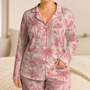 Pink Giraffe Palm Forest Tropical Safari Gift for Her Cozy Vacation Lounge Style Satin Pajamas Set