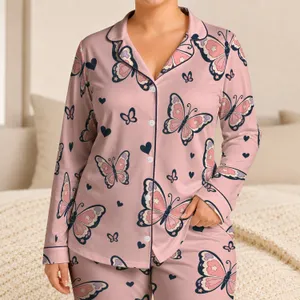 Blush Pink Butterfly Hearts Cozy Nights Romantic Getaways Birthday Gift for Women Satin Pajamas Set