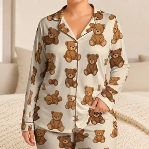 Teddy Bear Motifs for Cozy Bedtime Lounging and Relaxed Weekend Mornings and Home Comfort Satin Pajamas Set