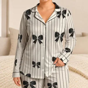 Ivory Black Bow Pinstripe Lounge Set for Cozy Evenings and Boutique Gift Giving at Home Satin Pajamas Set