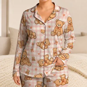 Peach Teddy Bear Gingham Check Cozy Bedtime Lounge For Women, Birthday Gift Idea Satin Pajamas Set