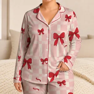 Cute Red Bow Gingham Lounge Set, Cozy Holiday Homewear Gift for Women, Teens, and Girls Satin Pajamas Set