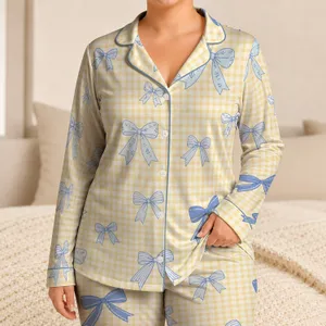 Blue Bow Gingham Lounge Set for Cozy Summer Evenings and Cottage Weekend Relaxation Satin Pajamas Set