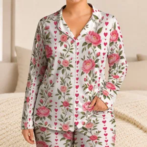 Pink Peony Heart Floral Loungewear for Romantic Bedtime and Cozy Weekend Relaxation Satin Pajamas Set