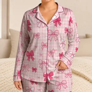 Pink Gingham Ribbon Bows for Women, Cozy Evenings, Home Lounging and Gift Giving Satin Pajamas Set