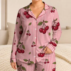 Cherry Pink Stripes Cozy Loungewear Gift for Women and Girls Cute Retro Fruit Lovers Satin Pajamas Set