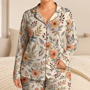 Peach Floral Botanical Blossoms for Cozy Heritage Loungewear, Women's Gift Ideas Satin Pajamas Set