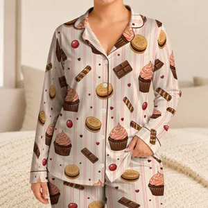 Chocolate Cupcake Stripe Dessert Motif Cozy Bakery Gift Lounge Set for Women and Teens Satin Pajamas Set