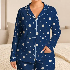 Navy Blue Ivory Polka Dot Lapel Top And Shorts For Cozy Evenings And Weekend Lounging Satin Pajamas Set