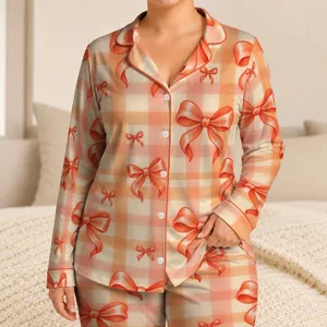 Peach Coral Gingham Bow Checks for Cozy Sleepovers, Holiday Lounging and Gift Giving Satin Pajamas Set