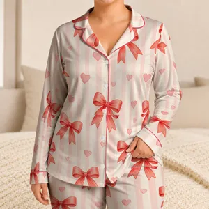 Coral Bow Hearts Ivory Stripe Romantic Gifting And Cozy Weekend Evenings For Women Satin Pajamas Set