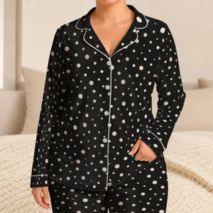 Mini Ivory Dots On Black For Cozy Nights And Relaxed Home Lounging For Women At Home Satin Pajamas Set