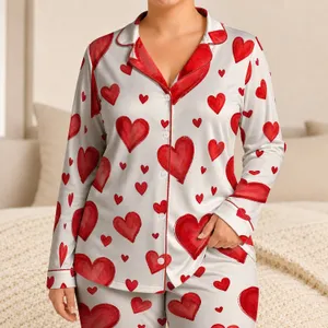 Women's Red Hearts Romantic Summer Lounge Set, Button Front Shirt And Bow Shorts Satin Pajamas Set