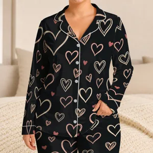 Charcoal Heart Doodle Set for Cozy Lounging and Romantic Gifting, Women and Teens Satin Pajamas Set