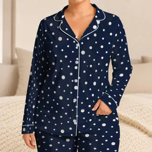 Navy Ivory Polka Dots For Cozy Autumn Lounging And Relaxed Bedtime, Women's Gift Idea Satin Pajamas Set
