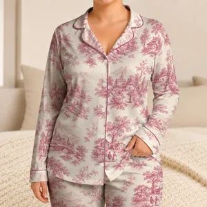 Pink Mountain Floral Toile Countryside Scenes for Relaxing Bedtime Lounging Women Satin Pajamas Set
