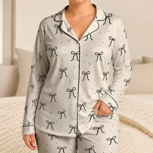 Black Bow And Dot Motif For Cozy Autumn Winter Lounging At Home, Gift For All Women Satin Pajamas Set