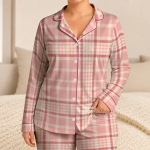 Pink Cream Gingham Plaid Cottagecore Summer Lounge Holiday Gift for Women and Brides Satin Pajamas Set