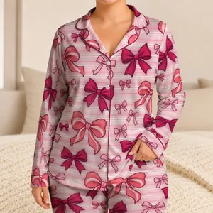 Blush Pink Ribbon Bows With Stripes For Cozy Evenings And Feminine Lounge Style At Home Satin Pajamas Set