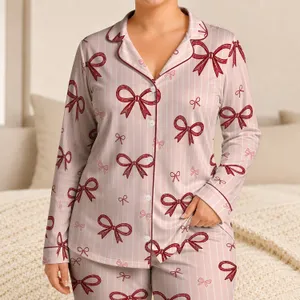 Burgundy Bow Stripes For Cozy Home Lounging, Relaxing And Everyday Gift Giving For Women Satin Pajamas Set