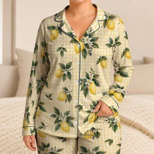 Lemon Gingham Botanical Loungewear Set for Sunny Mediterranean Relaxation at Home Satin Pajamas Set