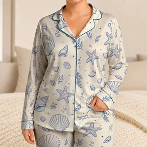 Blue Shell Starfish Coastal Comfort For Beach Getaways And Relaxed Summer Lounging Satin Pajamas Set