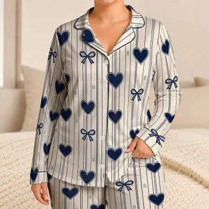 Navy Heart And Bow Stripes For Cozy Summer Lounging At Home Women's Weekend Gift Satin Pajamas Set