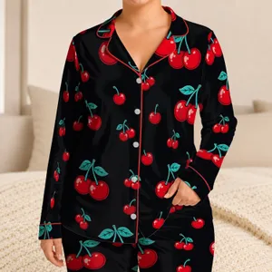 Scarlet Cherry Motif for Spring Summer Lounging, Collared Button Front and Bow Shorts Satin Pajamas Set