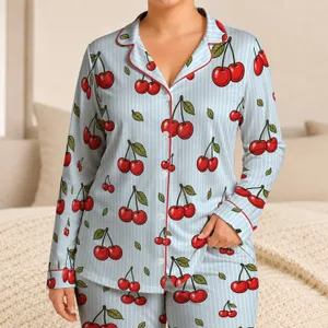 Blue Striped Cherries for Summer Relaxing, Everyday Comfort, and Sweet Gift Giving Satin Pajamas Set